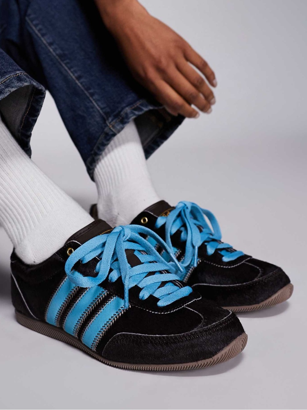 Adidas Japan Leather Trimmed Calf Hair Sneakers in Blue and Black